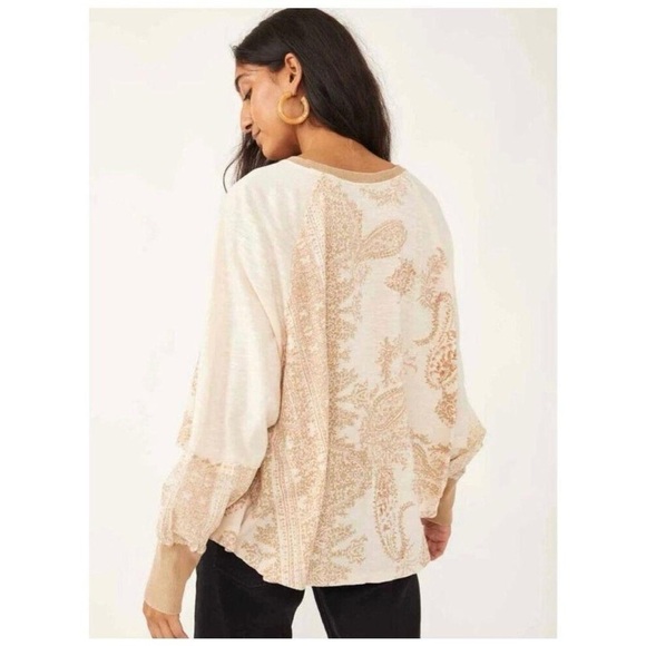 Free People True Perfection High Low Cotton Paisley Blouse in Almond Milk - Picture 2 of 10